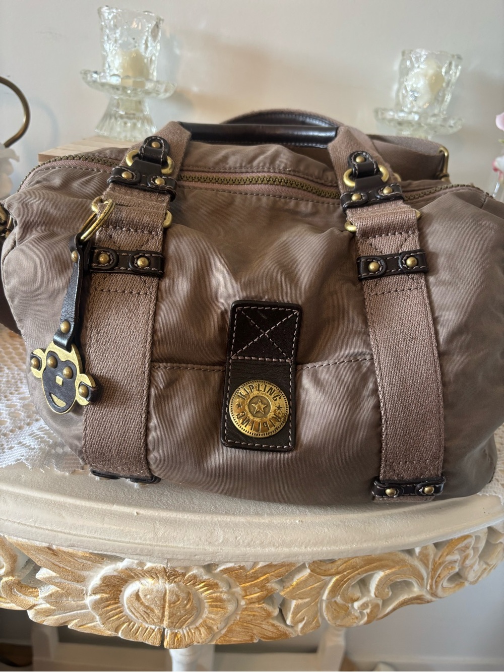 Kipling Taupe Nylon Satchel Handbag with Brass Accents and monkey 🐵 charm